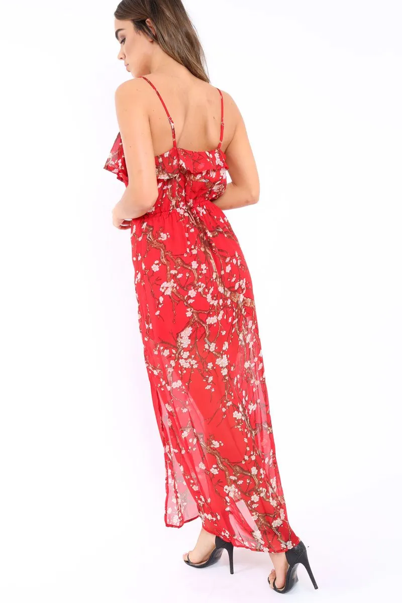 Red Floral Maxi Dress with Frill - Zaila