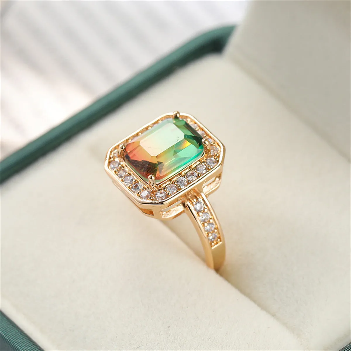 Red-Green Crystal & Cubic Zirconia Radiant-Cut Channel Halo Ring