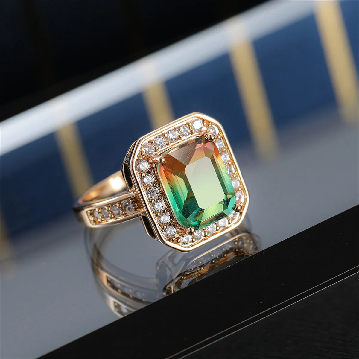 Red-Green Crystal & Cubic Zirconia Radiant-Cut Channel Halo Ring