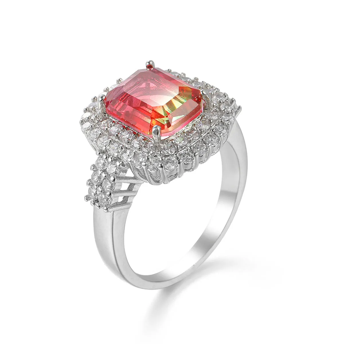 Red-Green Crystal & Cubic Zirconia Radiant-Cut Halo Ring