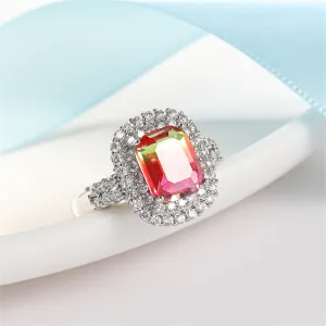 Red-Green Crystal & Cubic Zirconia Radiant-Cut Halo Ring