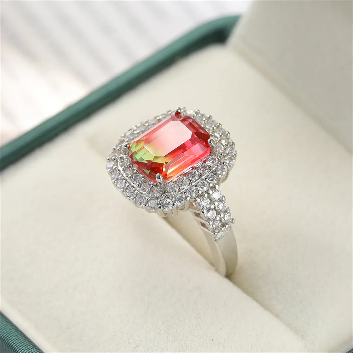 Red-Green Crystal & Cubic Zirconia Radiant-Cut Halo Ring
