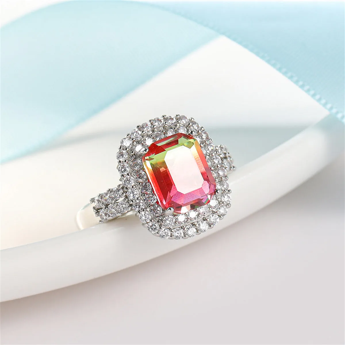Red-Green Crystal & Cubic Zirconia Radiant-Cut Halo Ring