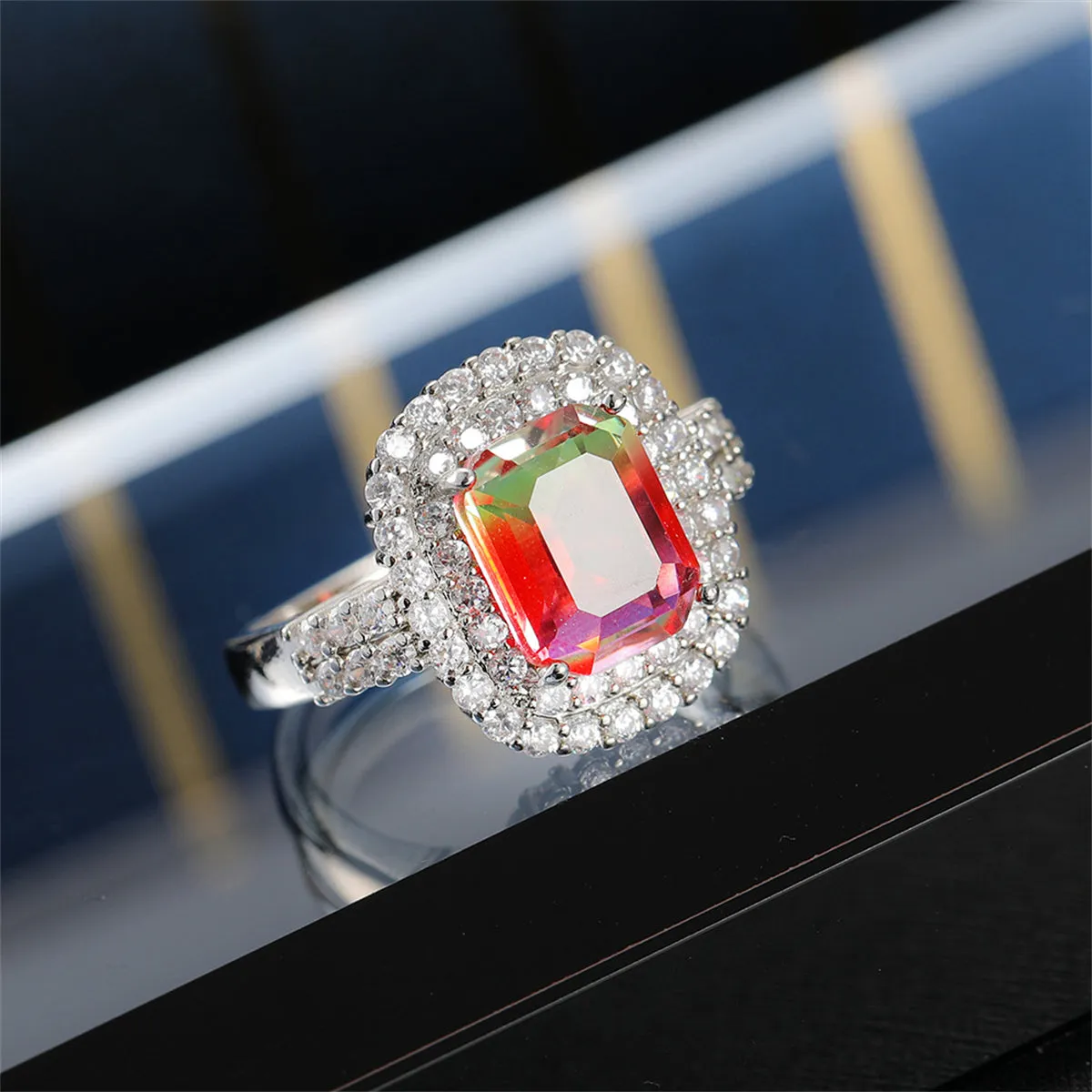 Red-Green Crystal & Cubic Zirconia Radiant-Cut Halo Ring