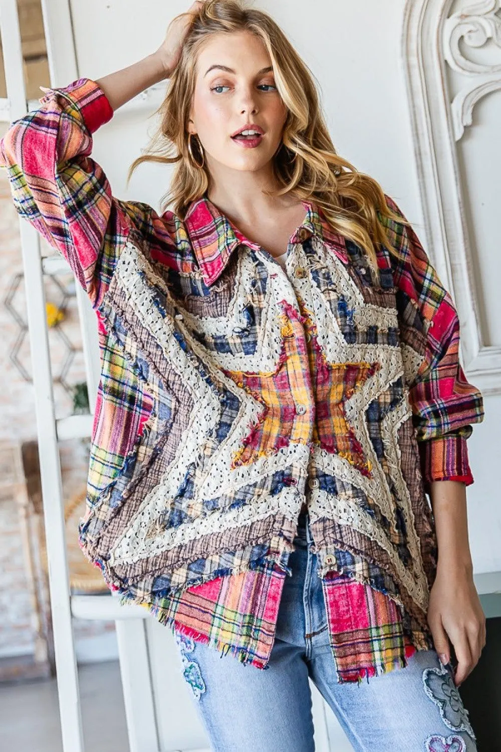 Red Mix Washed Star Plaid Shirt w/ Pockets