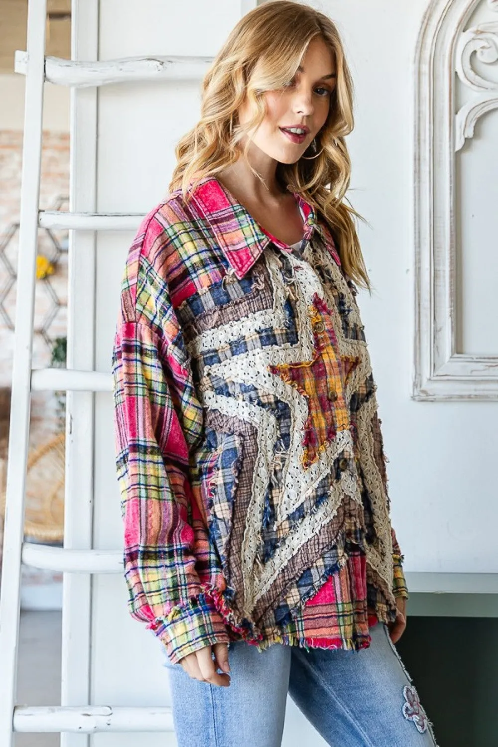 Red Mix Washed Star Plaid Shirt w/ Pockets