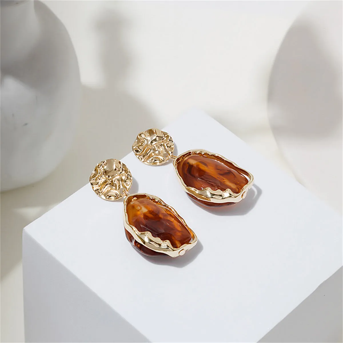 Red Resin & 18K Gold-Plated Textured Geometric Drop Earrings