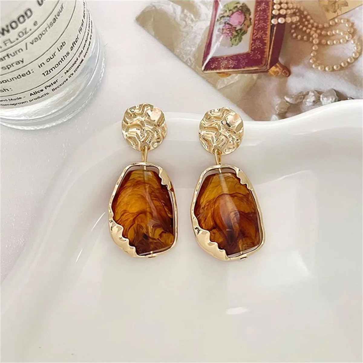 Red Resin & 18K Gold-Plated Textured Geometric Drop Earrings