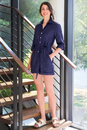 Romper Navy Crushed Textured Jacquard