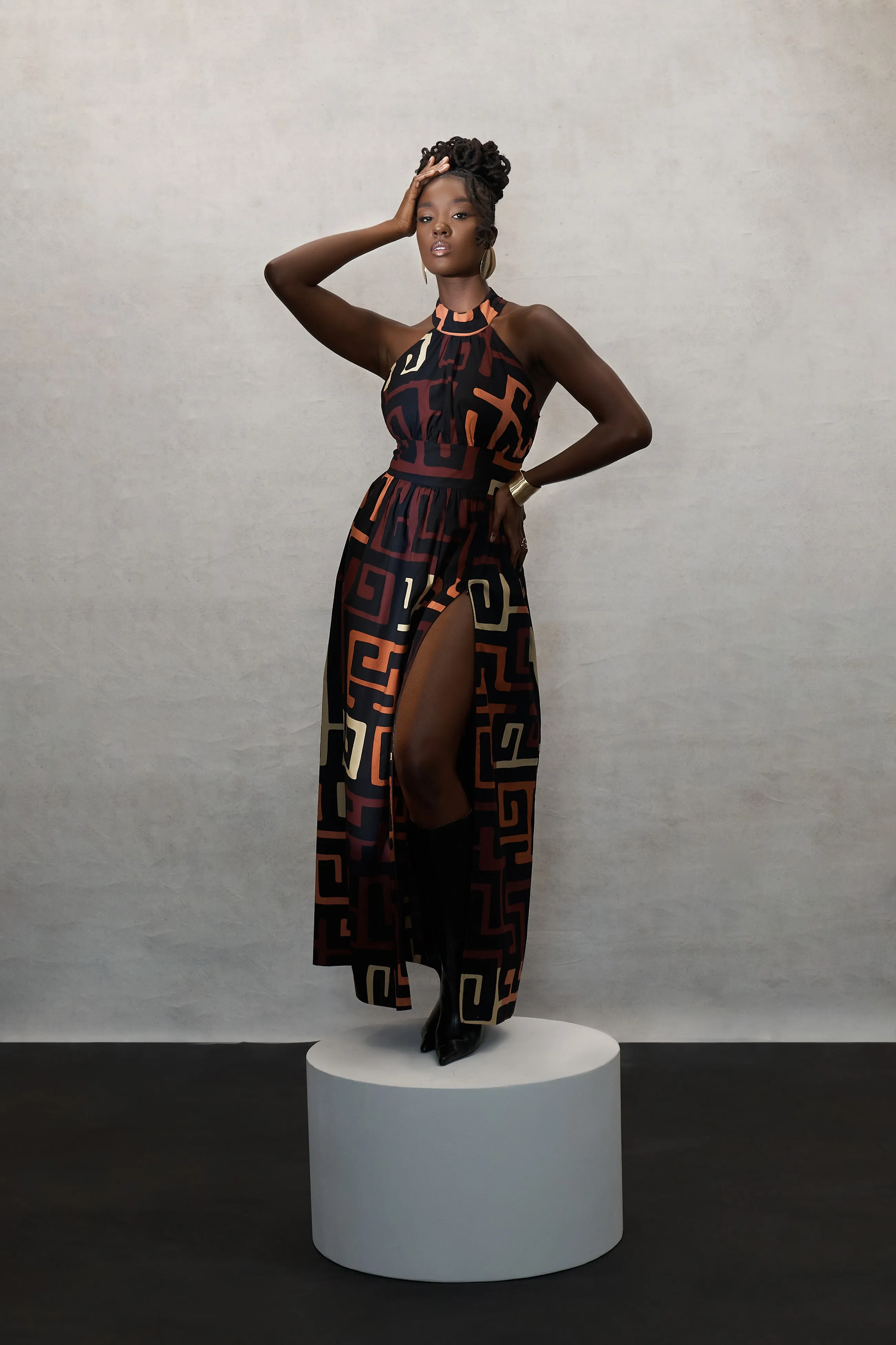 Ronke Women's African Print Maxi Dress (Neutral Kuba Geometric)