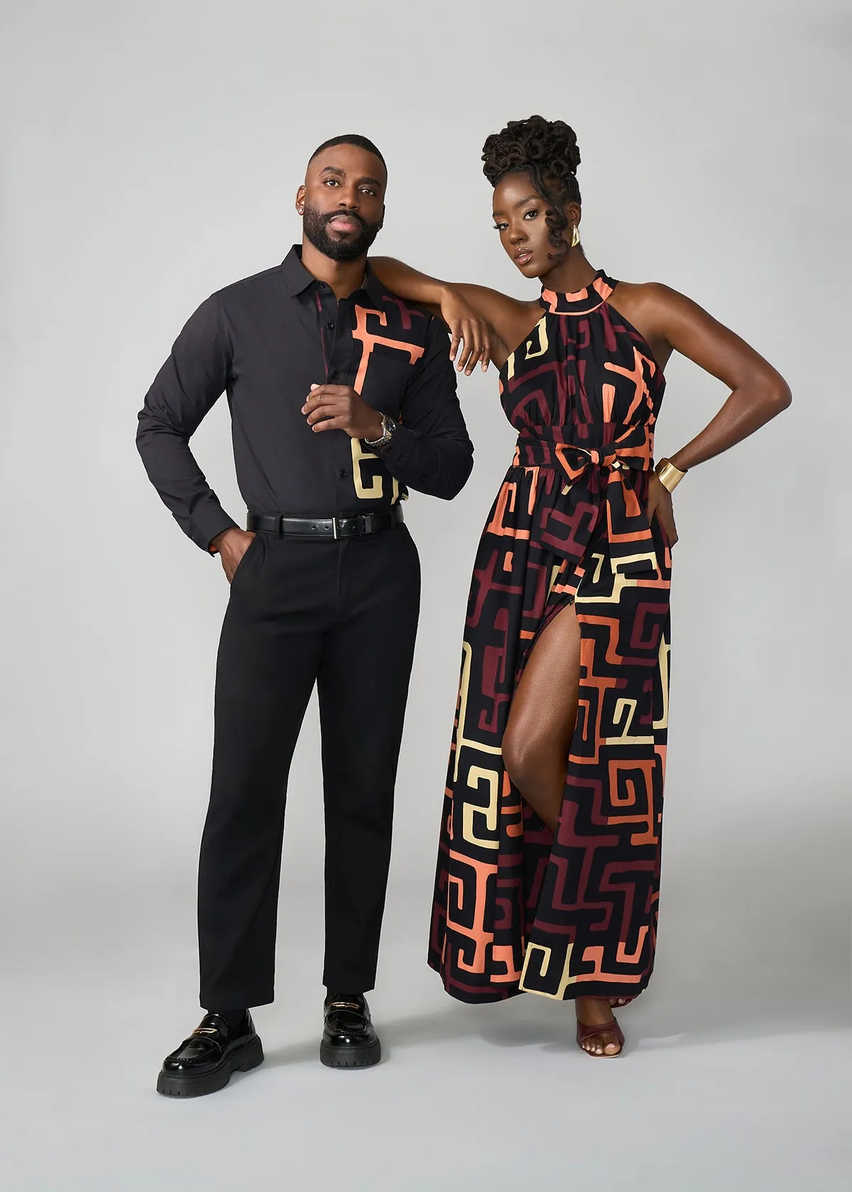 Ronke Women's African Print Maxi Dress (Neutral Kuba Geometric)