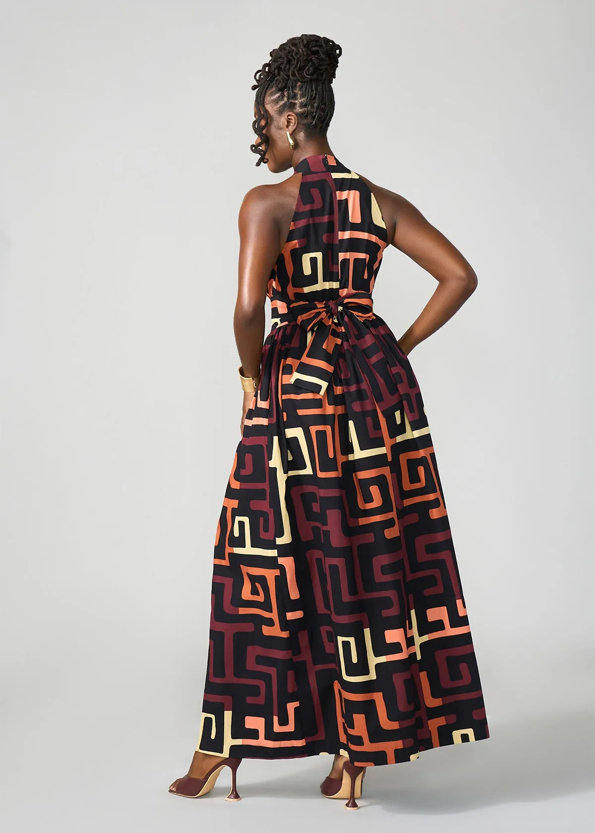 Ronke Women's African Print Maxi Dress (Neutral Kuba Geometric)