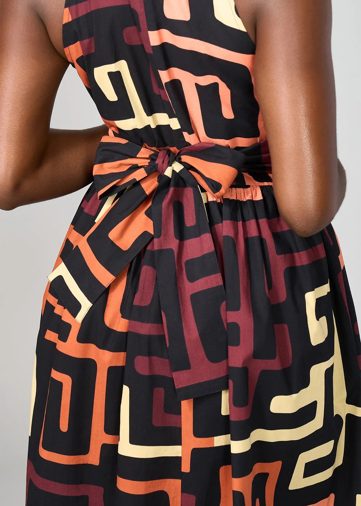 Ronke Women's African Print Maxi Dress (Neutral Kuba Geometric)