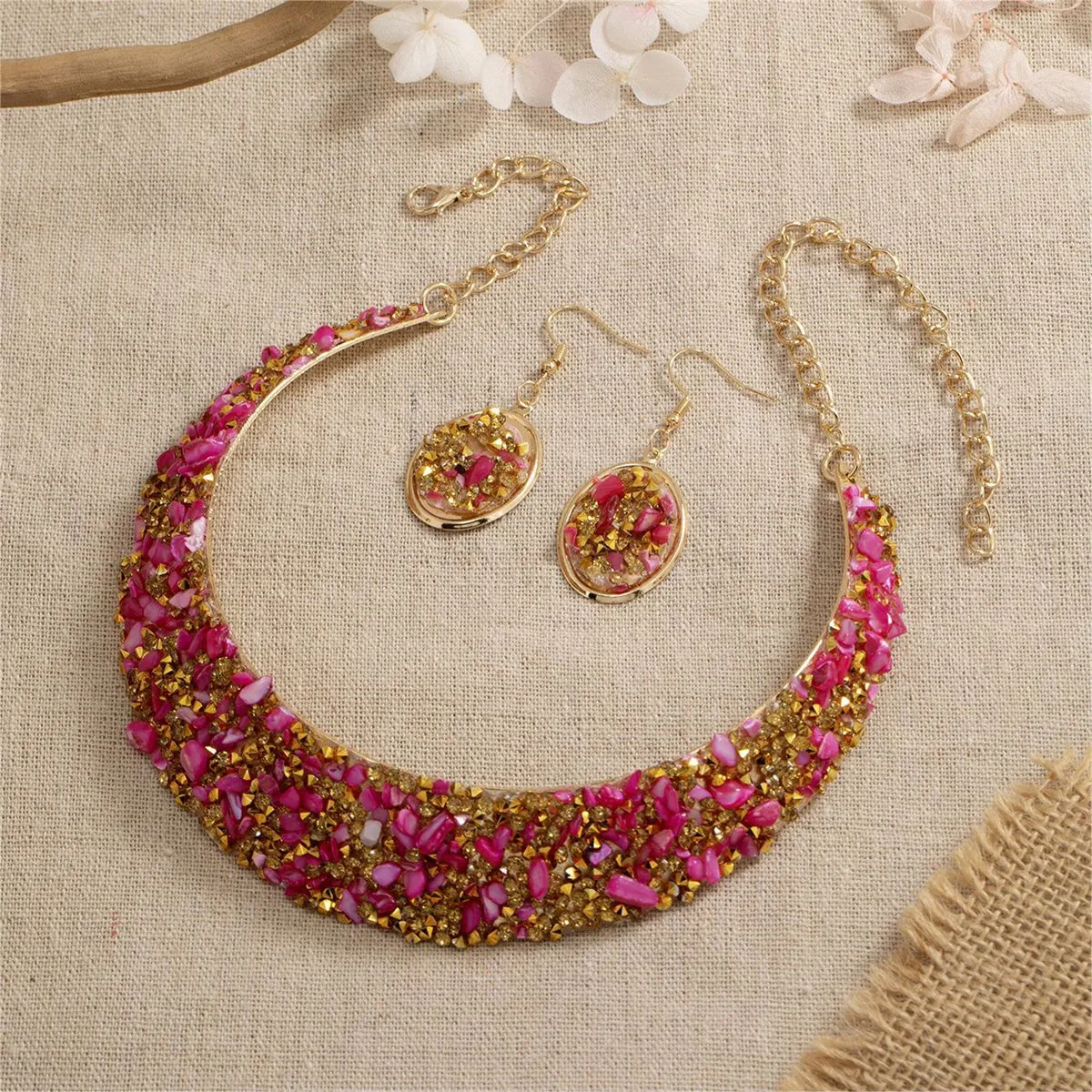 Rose Resin & 18K Gold-Plated Oval Cluster Statement Necklace & Drop Earrings