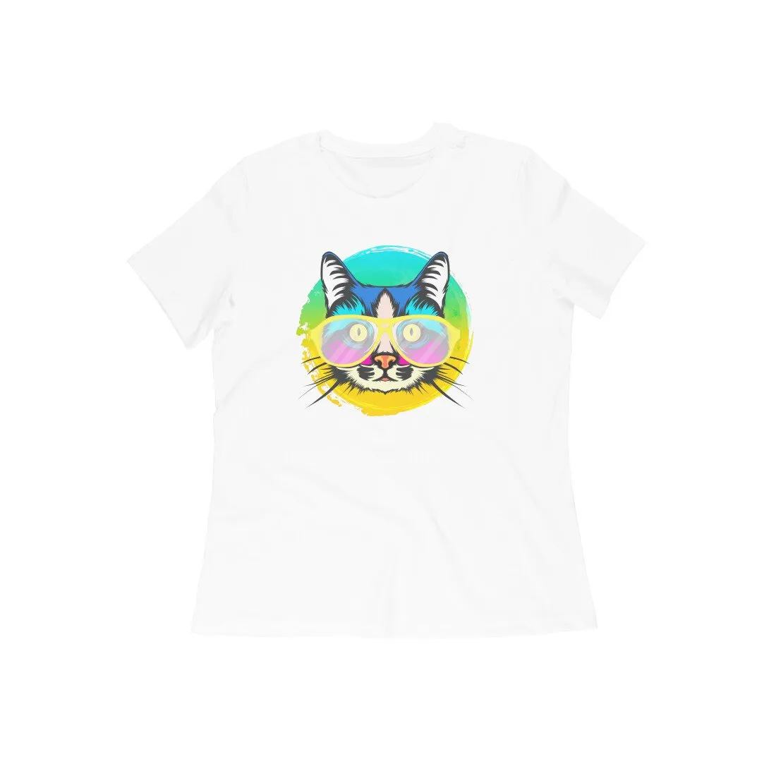 Round Neck T-Shirt (Women) - Cat With Glasses (15 Colours)