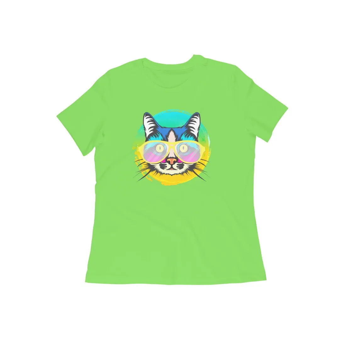 Round Neck T-Shirt (Women) - Cat With Glasses (15 Colours)