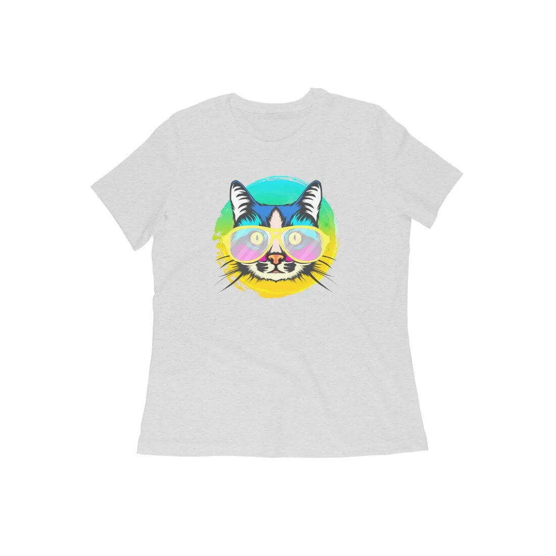 Round Neck T-Shirt (Women) - Cat With Glasses (15 Colours)
