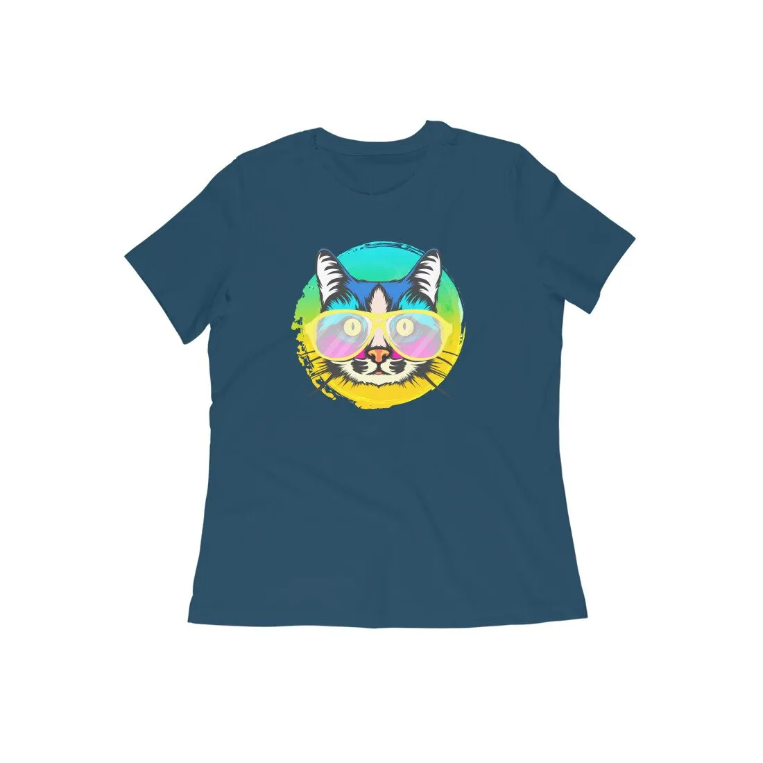 Round Neck T-Shirt (Women) - Cat With Glasses (15 Colours)