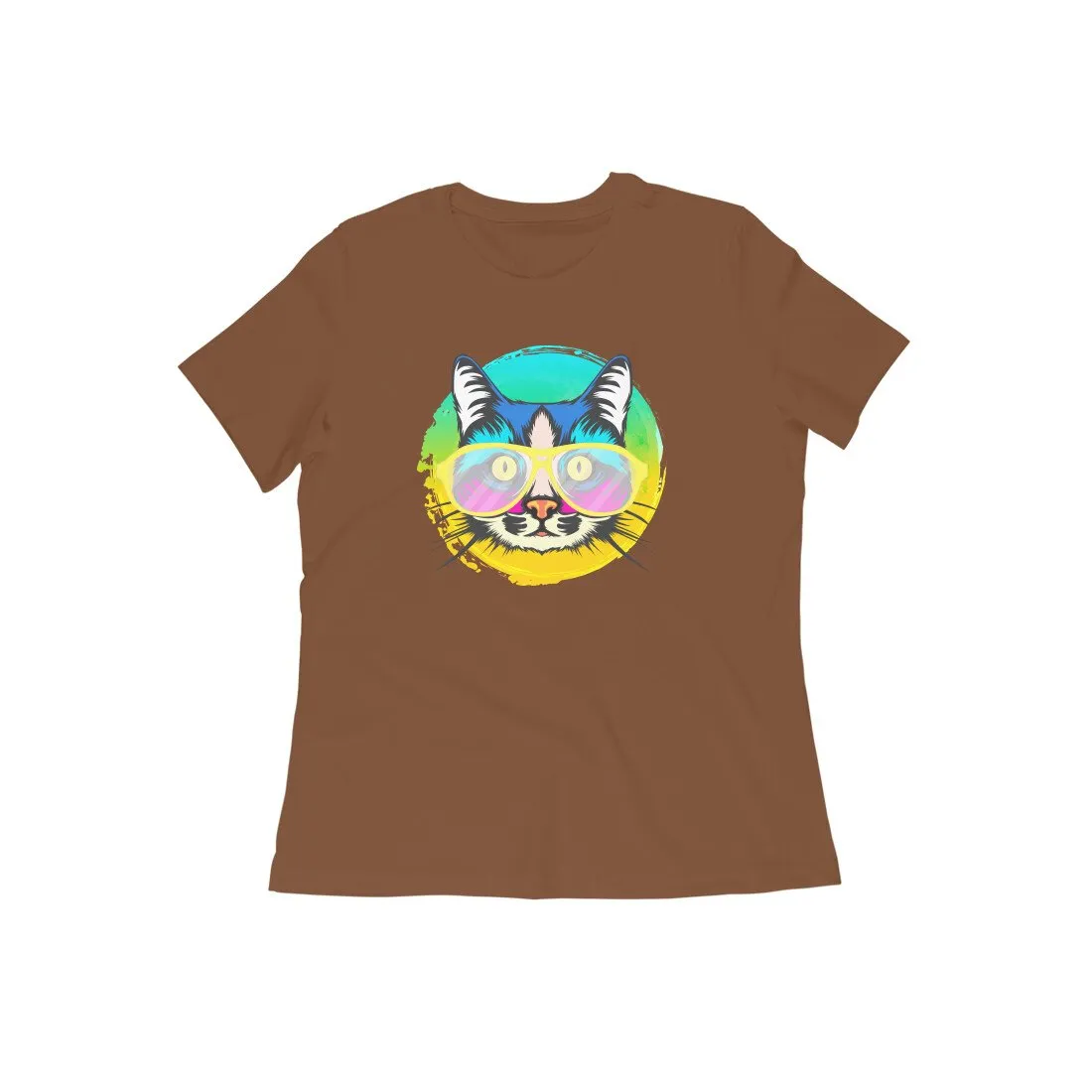 Round Neck T-Shirt (Women) - Cat With Glasses (15 Colours)