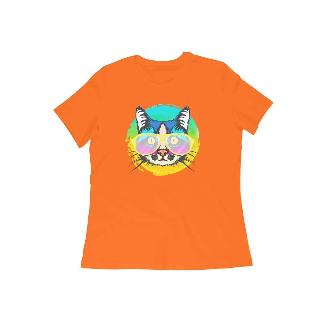 Round Neck T-Shirt (Women) - Cat With Glasses (15 Colours)