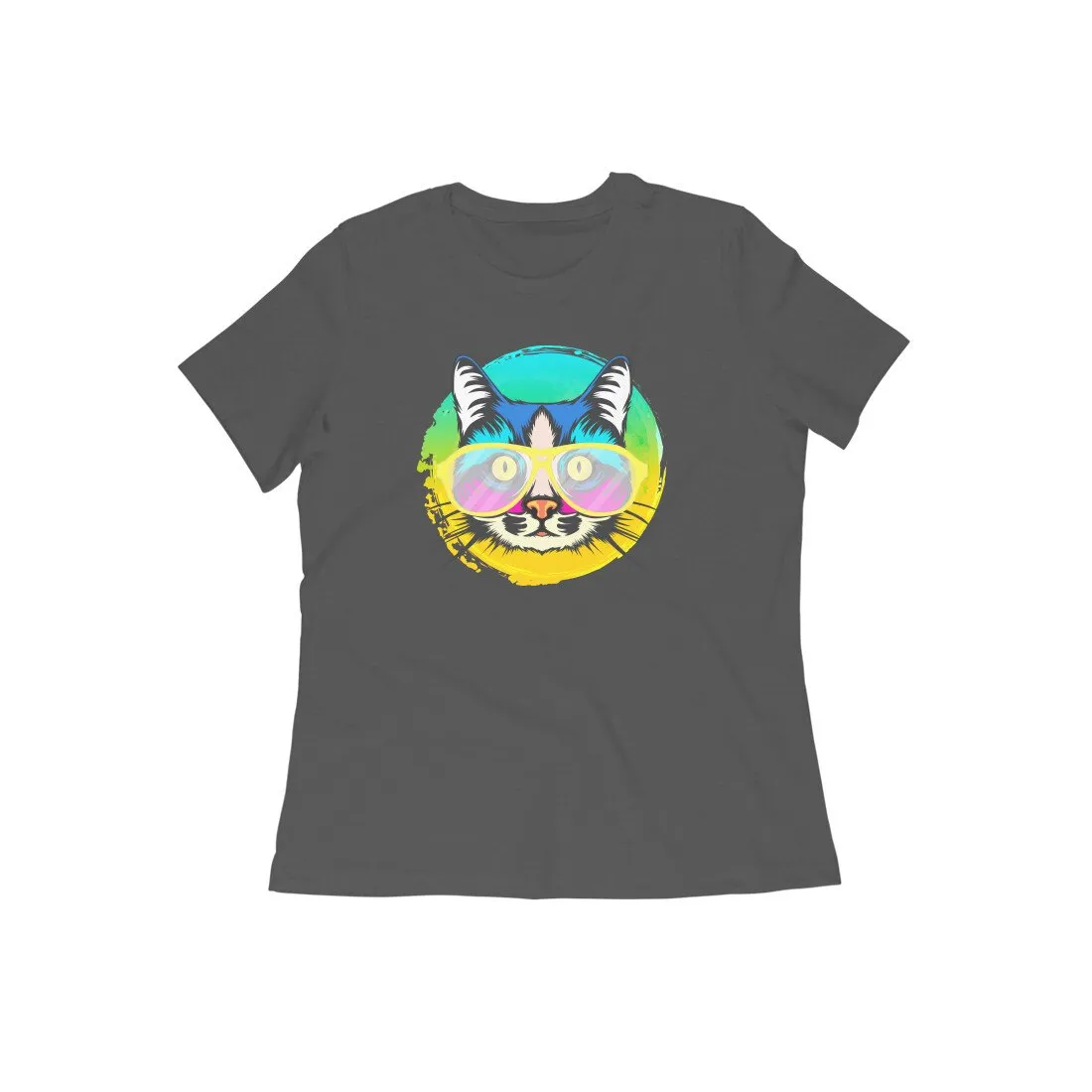 Round Neck T-Shirt (Women) - Cat With Glasses (15 Colours)