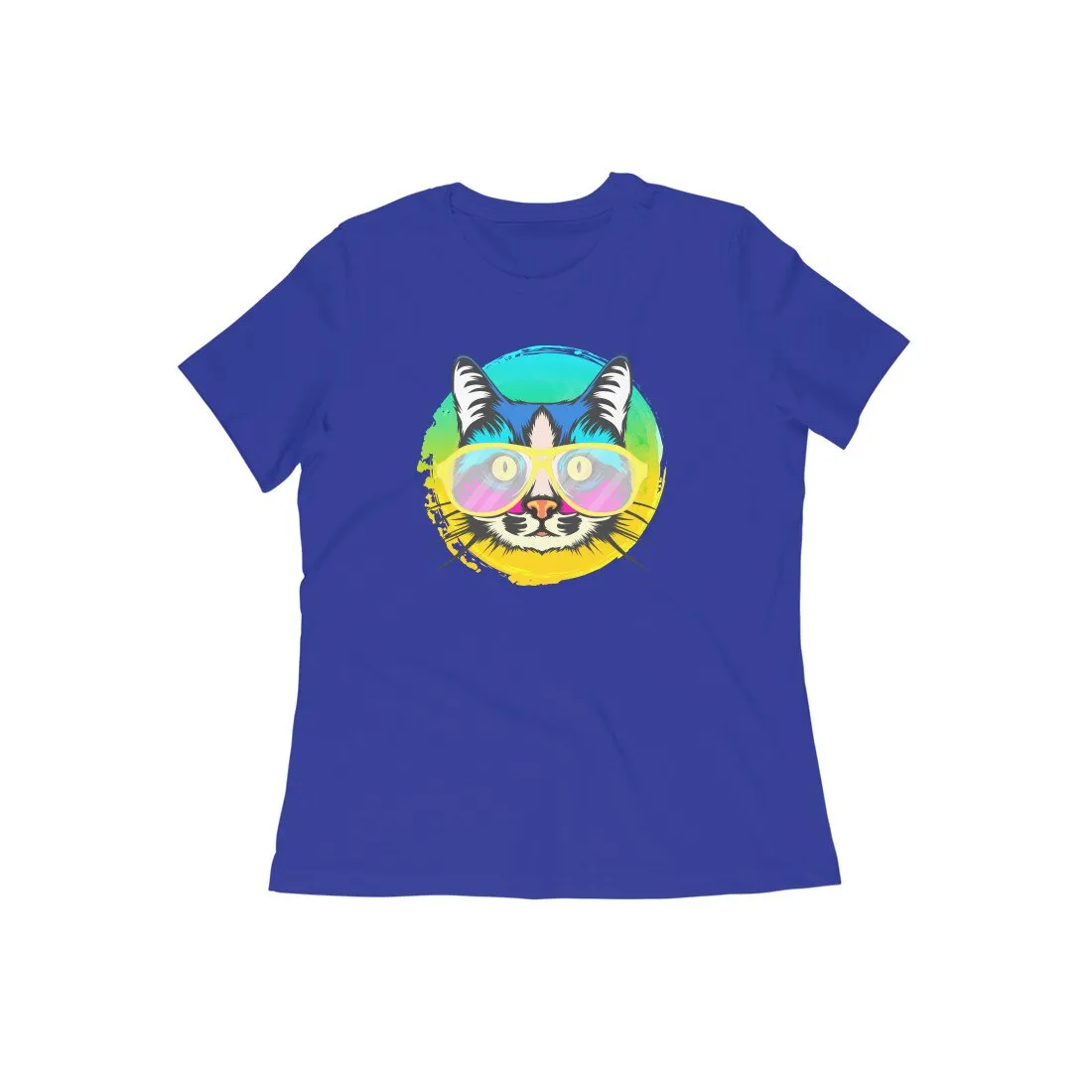 Round Neck T-Shirt (Women) - Cat With Glasses (15 Colours)