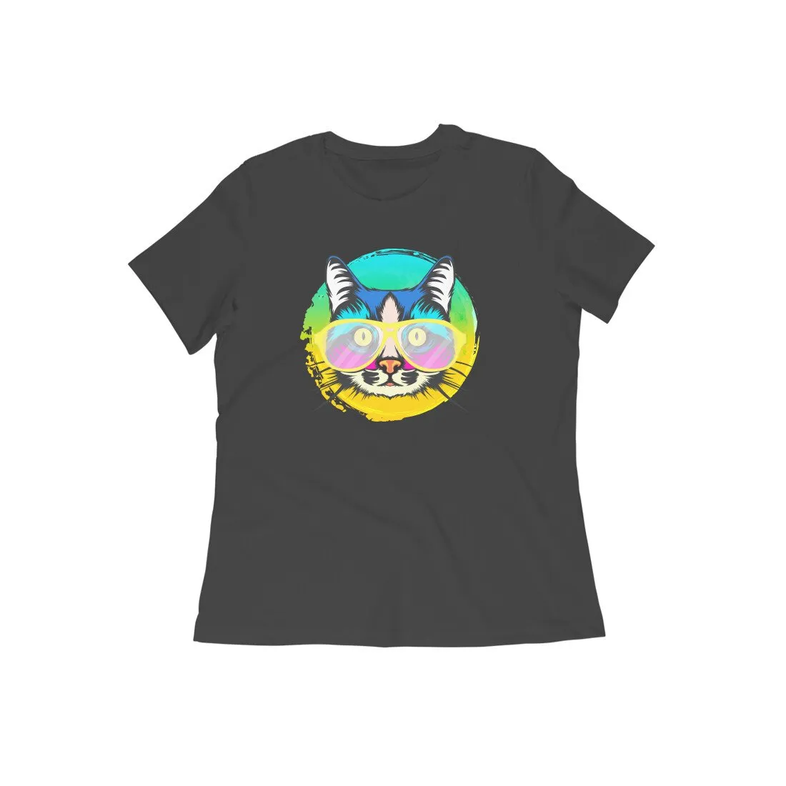 Round Neck T-Shirt (Women) - Cat With Glasses (15 Colours)