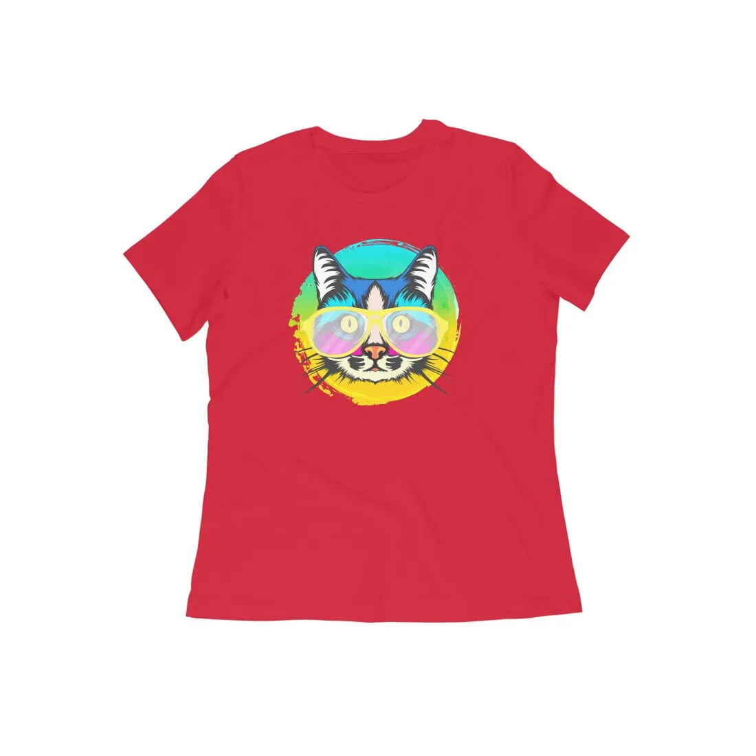 Round Neck T-Shirt (Women) - Cat With Glasses (15 Colours)