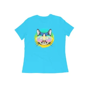 Round Neck T-Shirt (Women) - Cat With Glasses (15 Colours)