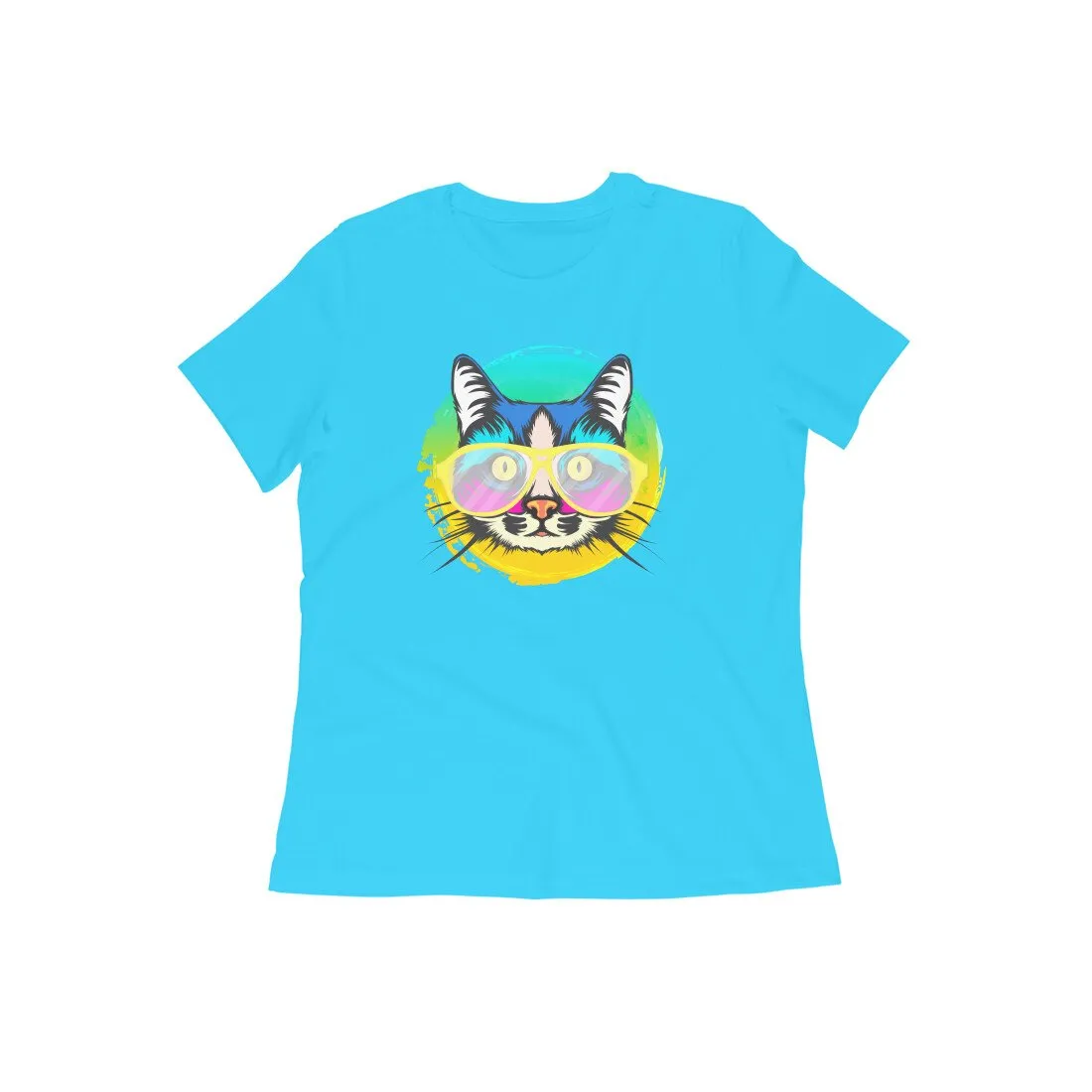 Round Neck T-Shirt (Women) - Cat With Glasses (15 Colours)