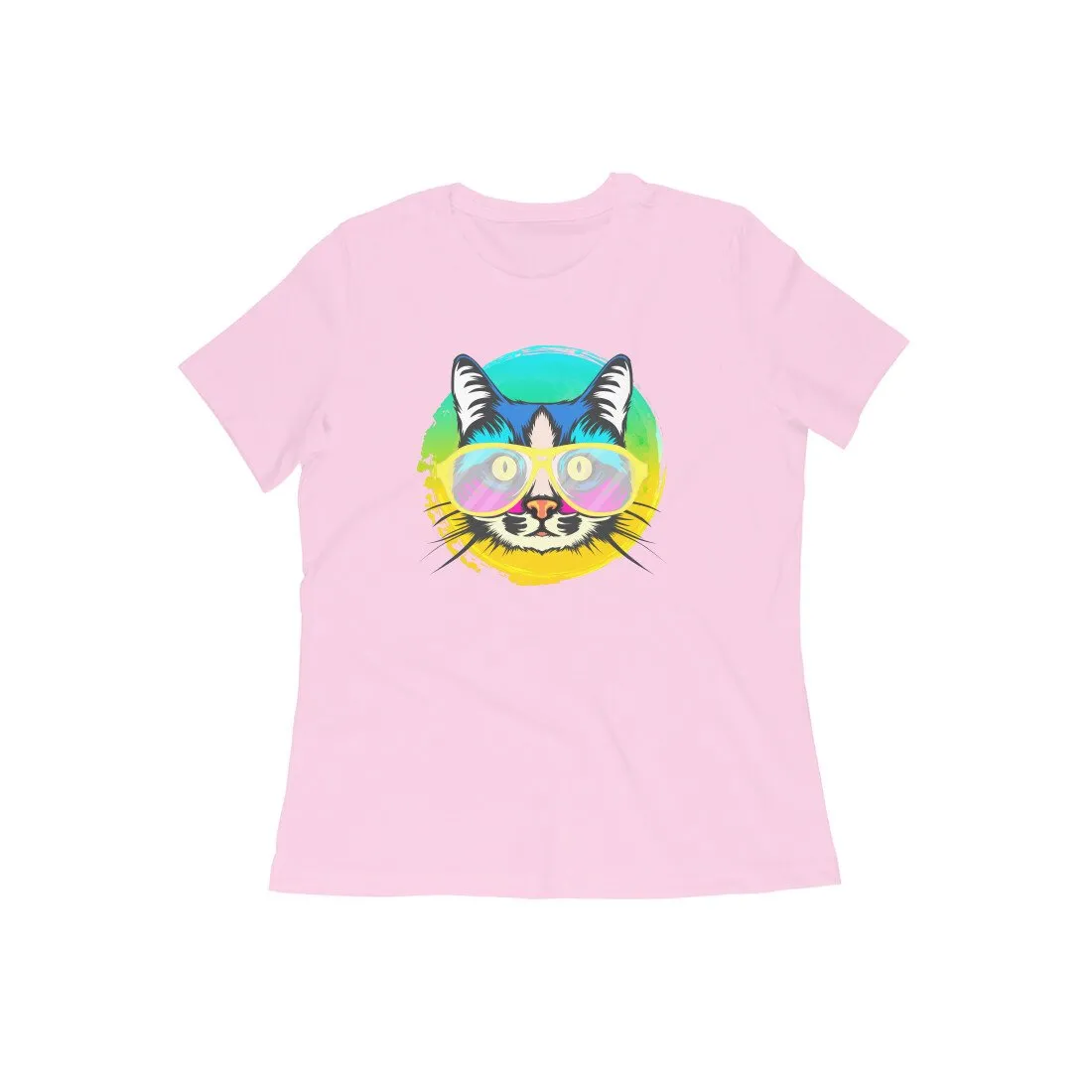 Round Neck T-Shirt (Women) - Cat With Glasses (15 Colours)