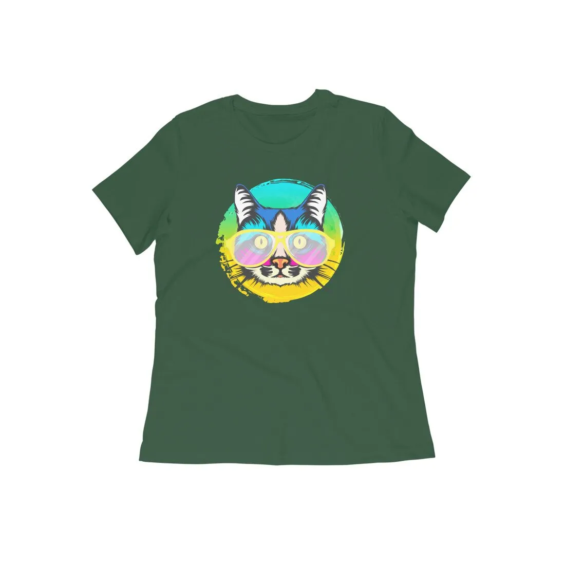 Round Neck T-Shirt (Women) - Cat With Glasses (15 Colours)