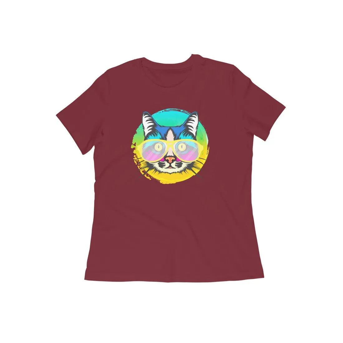 Round Neck T-Shirt (Women) - Cat With Glasses (15 Colours)