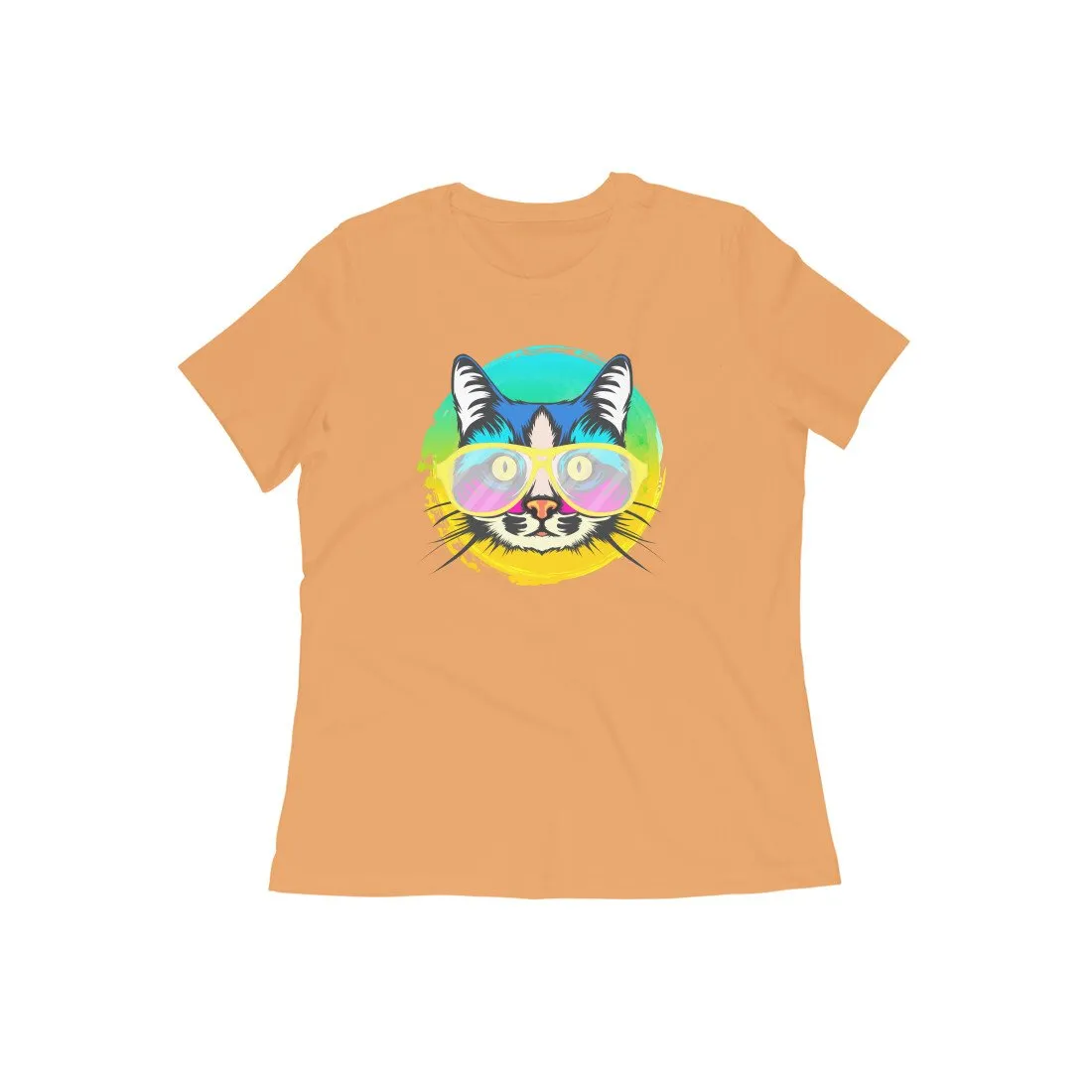 Round Neck T-Shirt (Women) - Cat With Glasses (15 Colours)