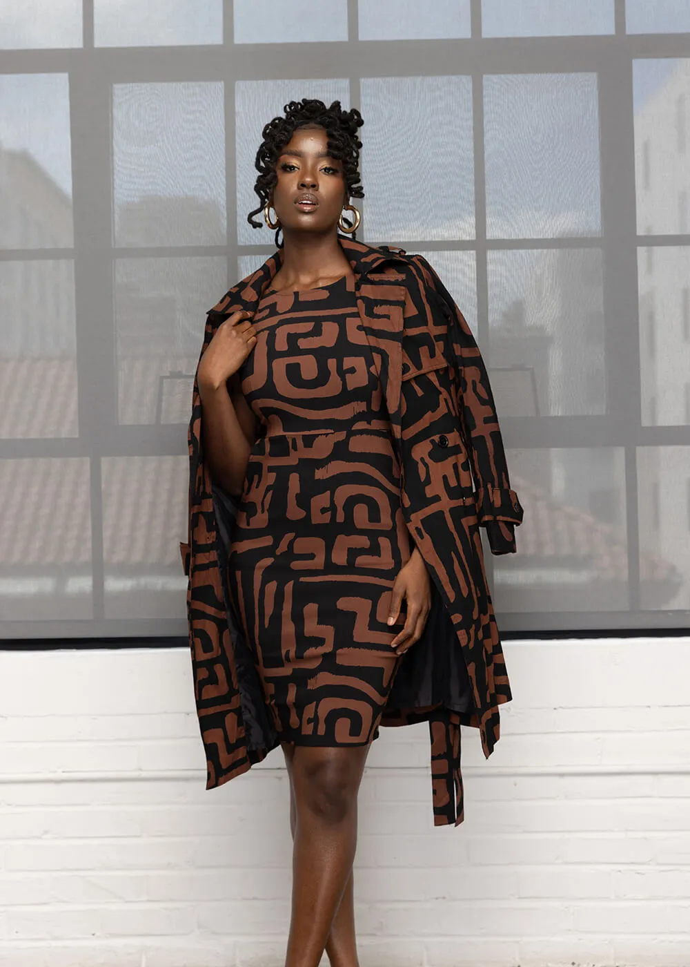 Sabella Women's African Print Stretch Dress (Espresso Geometric)