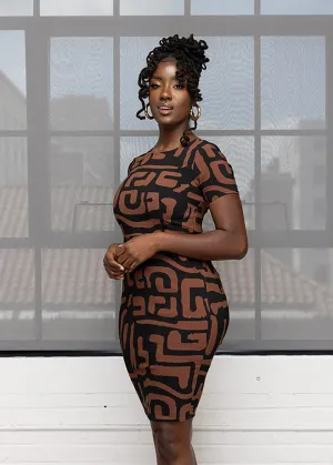 Sabella Women's African Print Stretch Dress (Espresso Geometric)