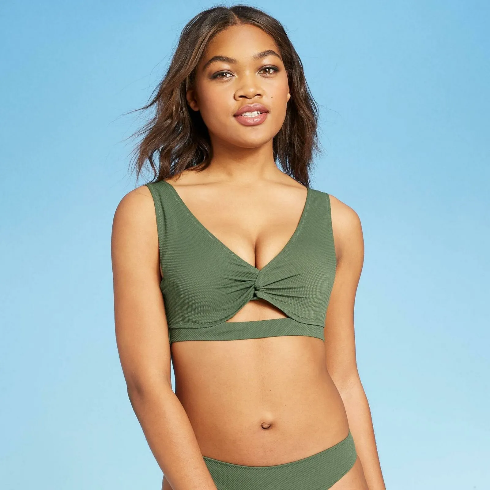 Shade & Shore Women's Light Lift Twist Front Long Textured Bikini Top