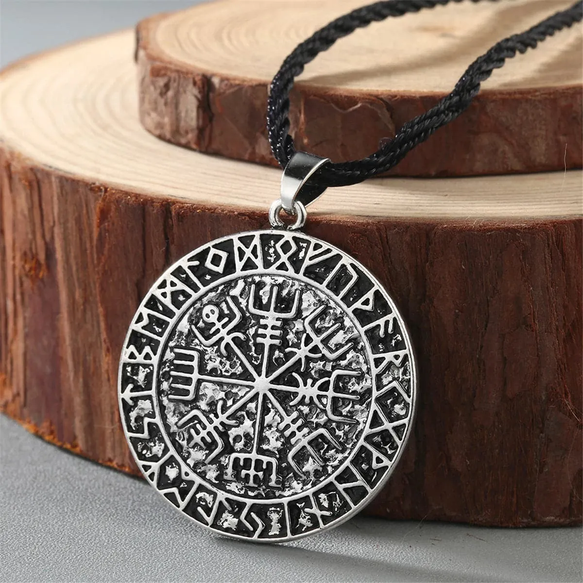 Silver-Plated & Black Compass Pendant Necklace