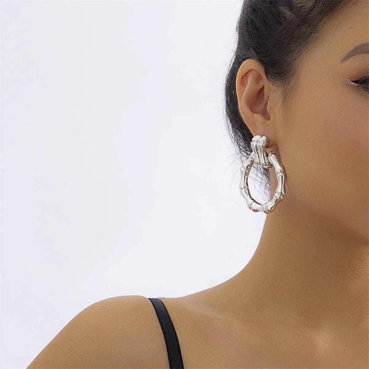 Silver-Plated Bamboo-Shaped Round Drop Earrings