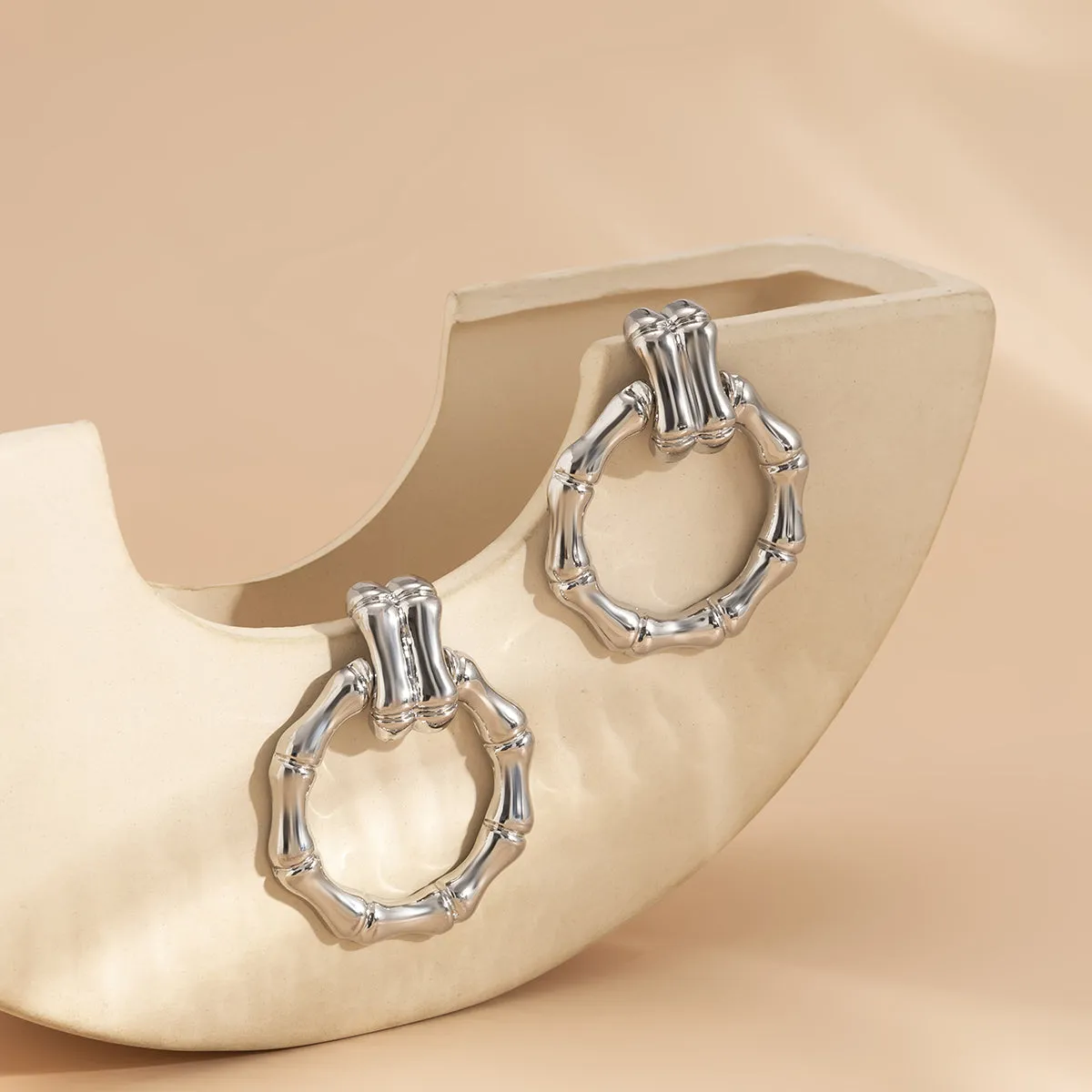Silver-Plated Bamboo-Shaped Round Drop Earrings