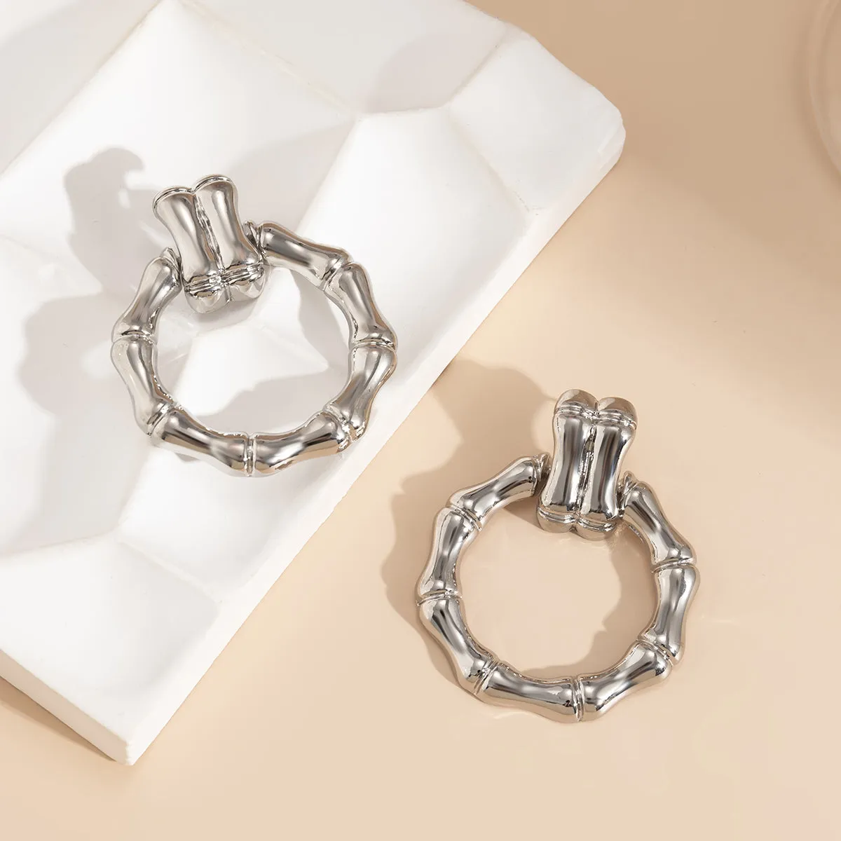 Silver-Plated Bamboo-Shaped Round Drop Earrings