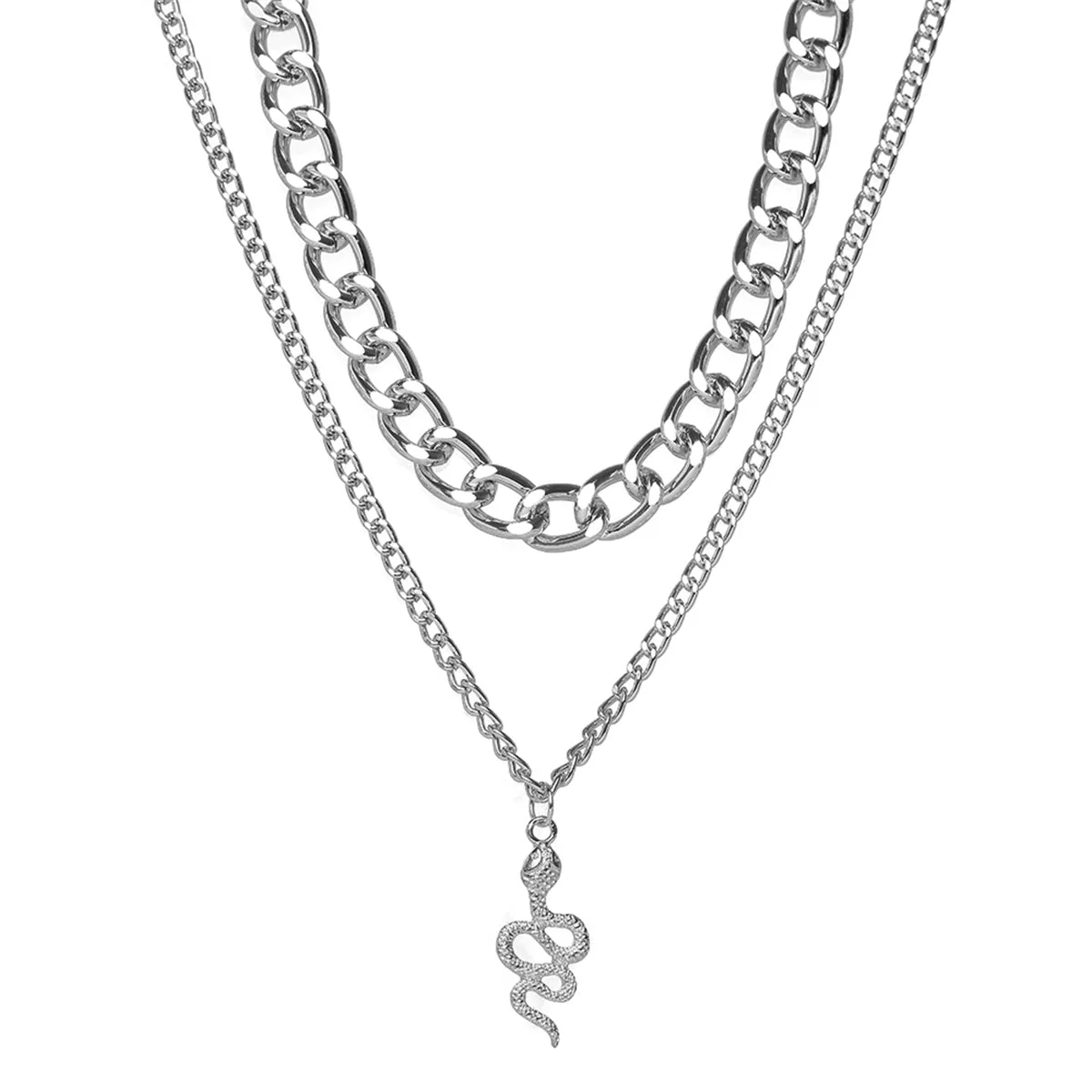 Silver-Plated Figaro Chain Snake Layered Pendant Necklace