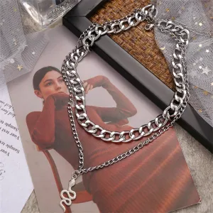 Silver-Plated Figaro Chain Snake Layered Pendant Necklace