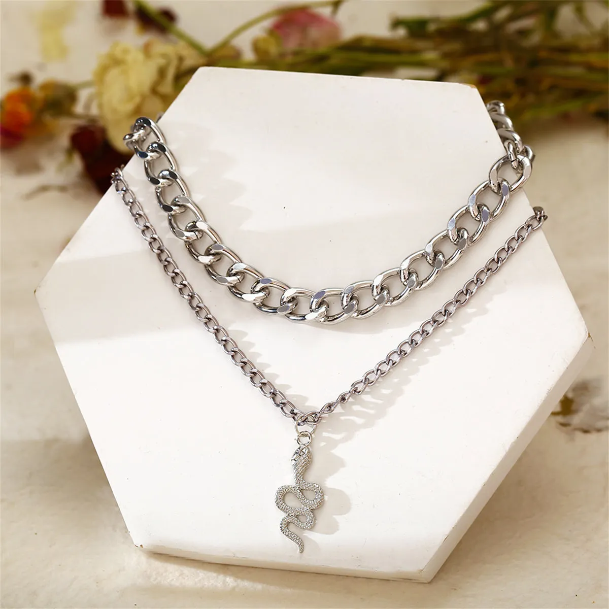 Silver-Plated Figaro Chain Snake Layered Pendant Necklace