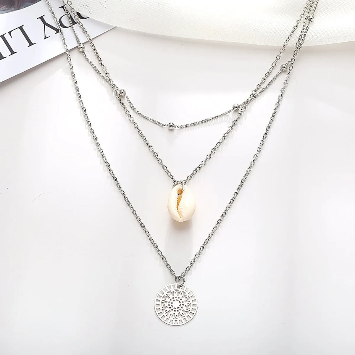 Silver-Plated Shell Lotus Layered Pendant Necklace