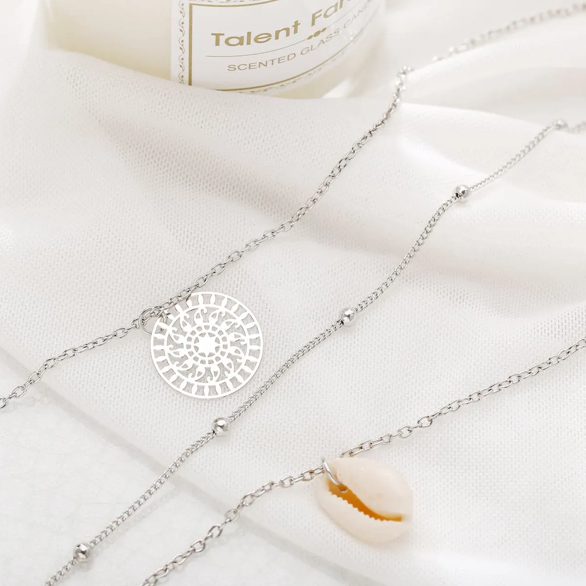 Silver-Plated Shell Lotus Layered Pendant Necklace