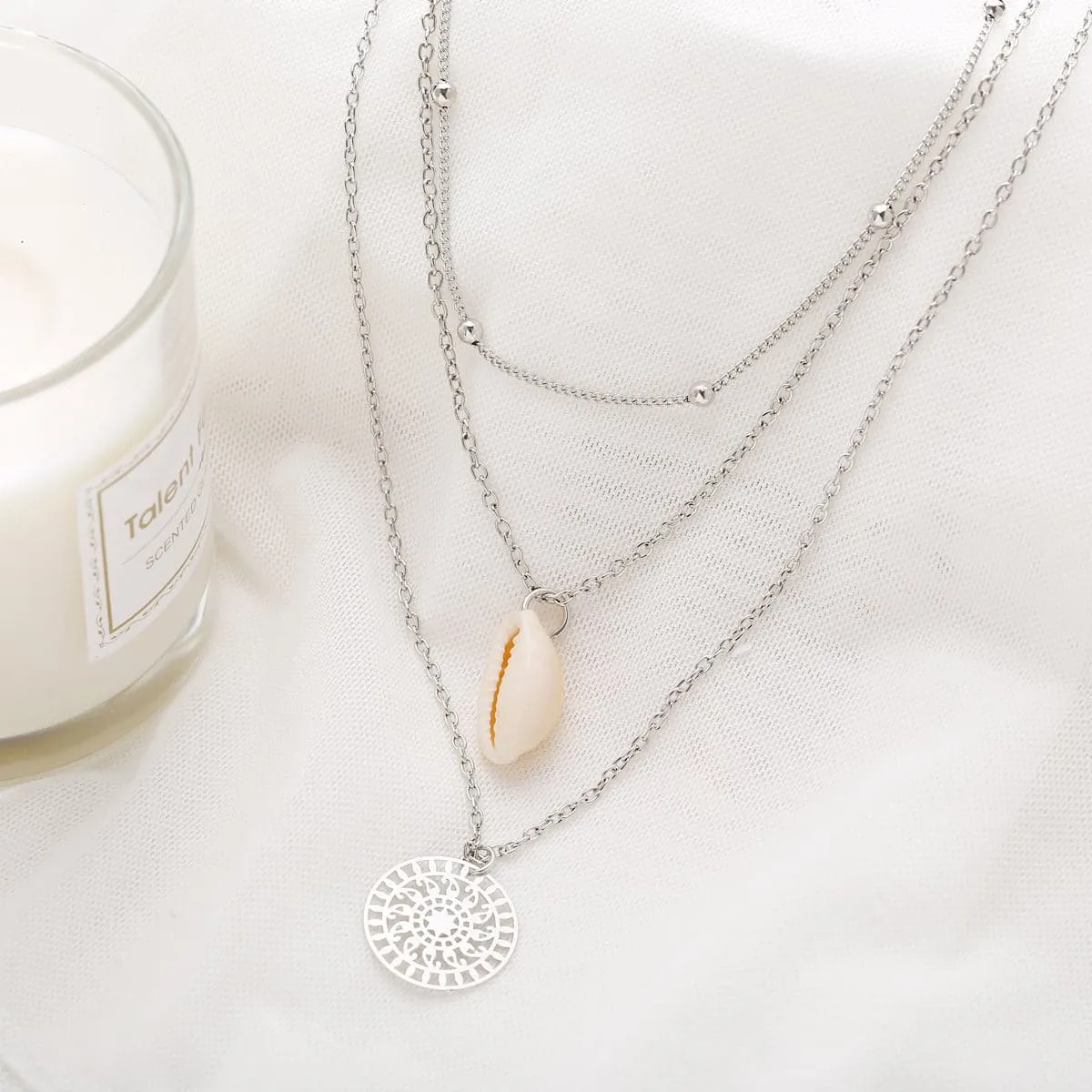 Silver-Plated Shell Lotus Layered Pendant Necklace