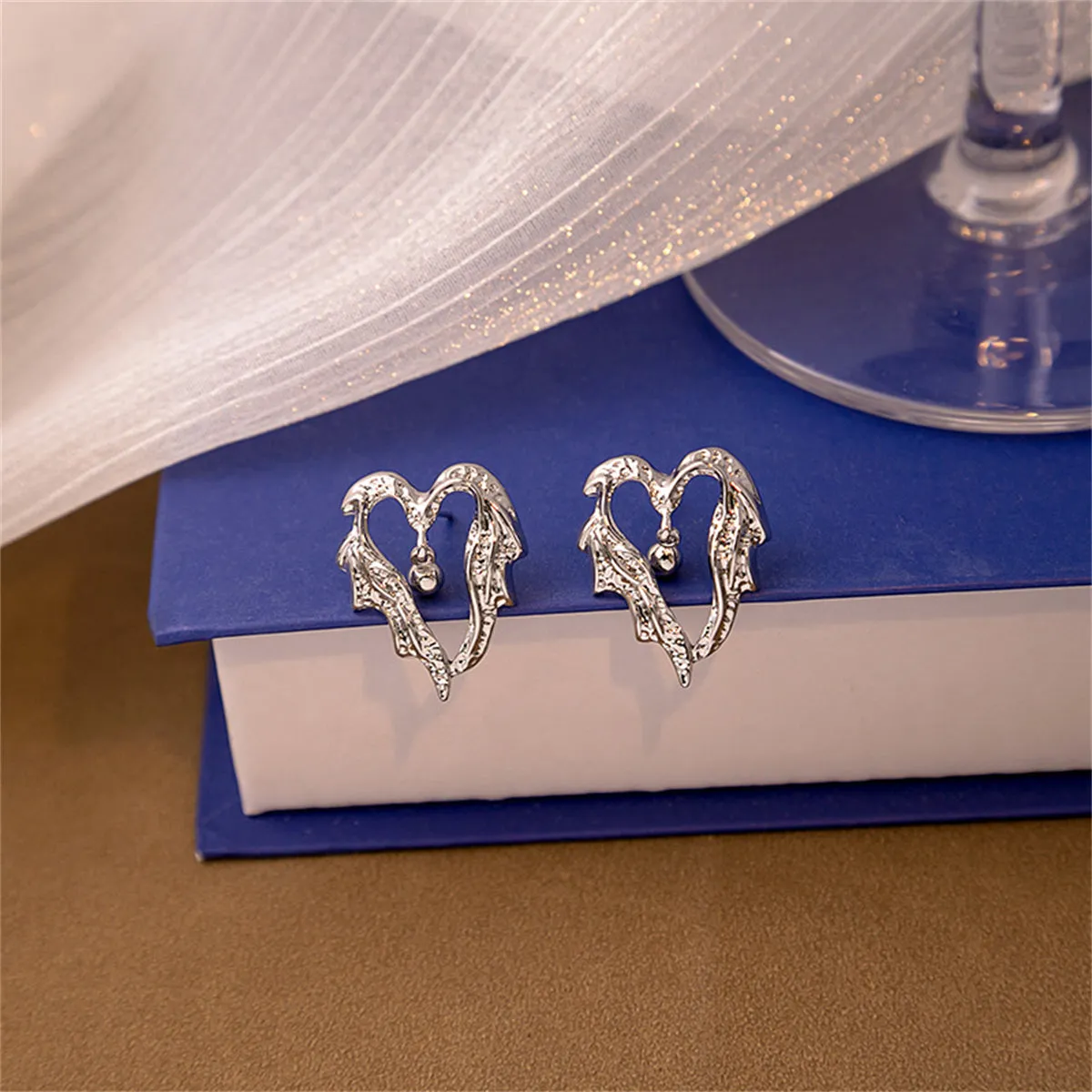 Silver-Plated Textured Bell Heart Stud Earrings