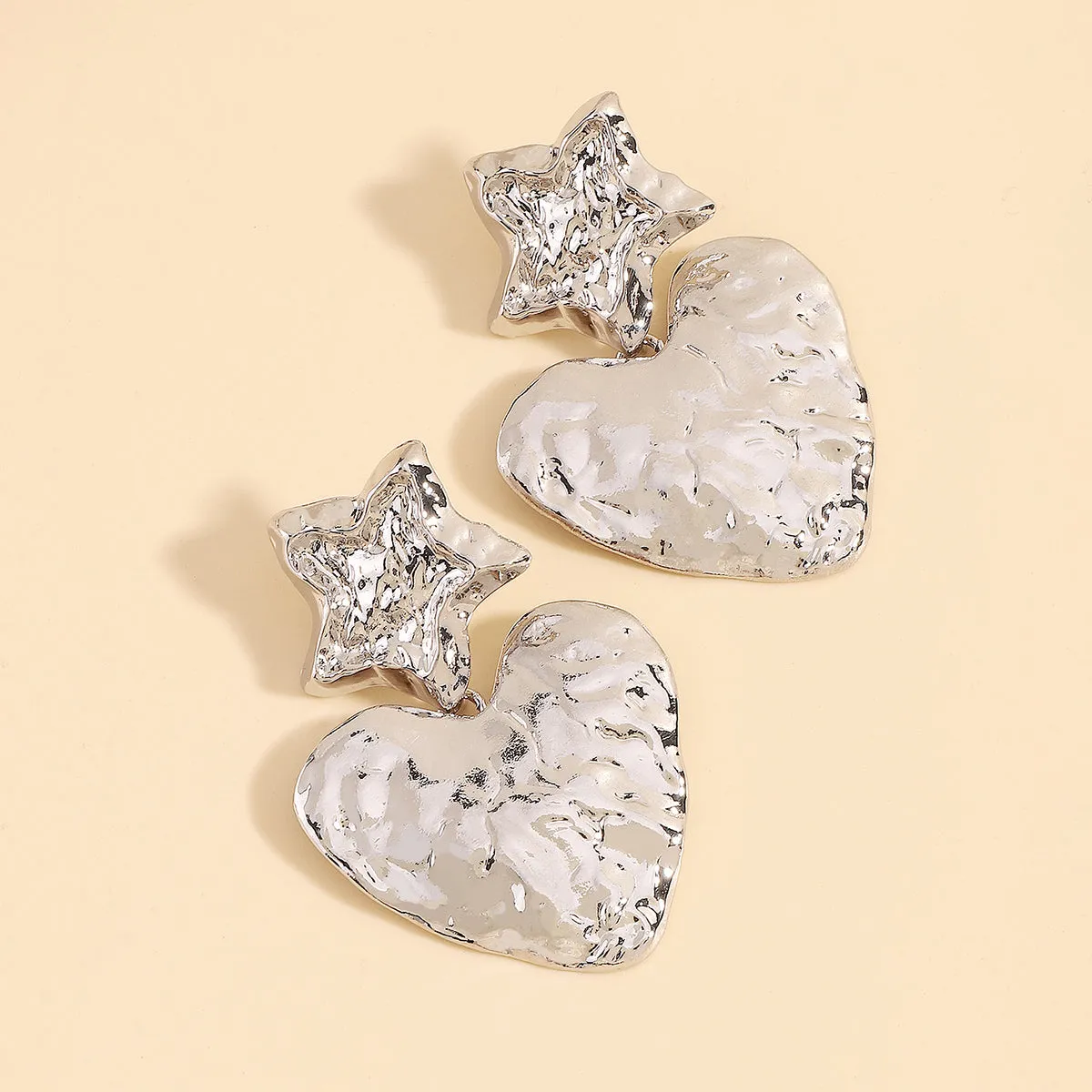 Silver-Plated Textured Star Heart Drop Earrings