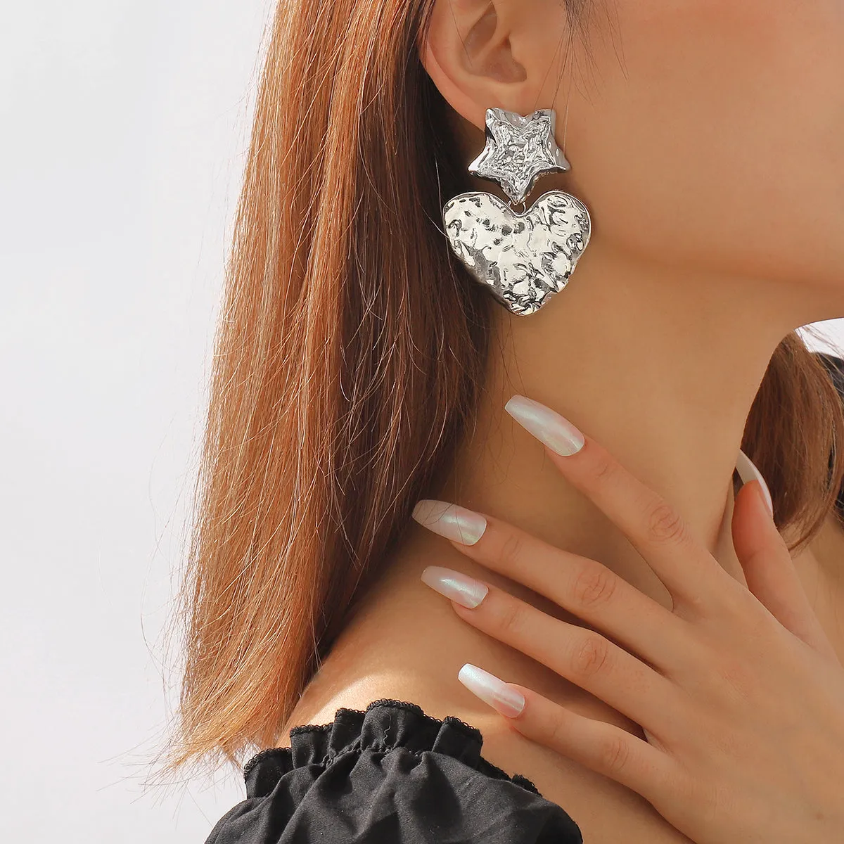 Silver-Plated Textured Star Heart Drop Earrings